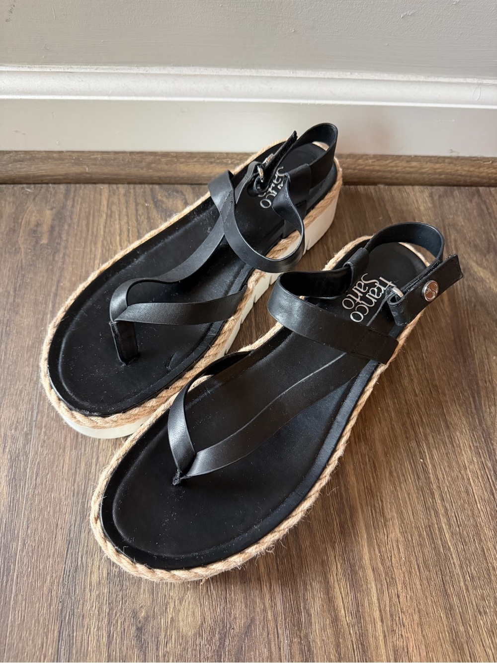 Franco Sarto Black Leather Rope-Trim Platform Sandals